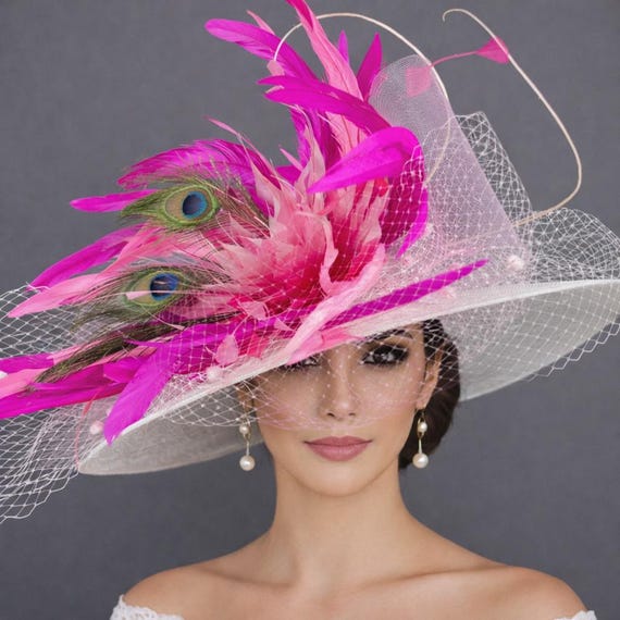 Sinamay Derby Hat: Pink Feather Flower, Rhinestone Tea Party  display picture 1