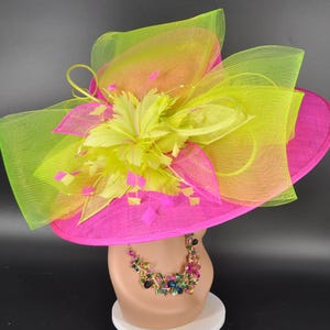 Church Kentucky Derby Hat Carriage Tea Party Wedding Wide Brim Sinamay Hat Fuchsia Pink w Lime Green