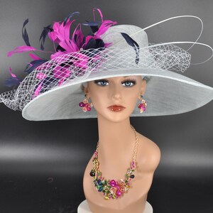 Wide Brim Sinamay Hat Church Kentucky Derby Hat Carriage Tea Party Wedding Hat Powder Blue with Navy Blue Fuchsia Pink  Oaks day hat