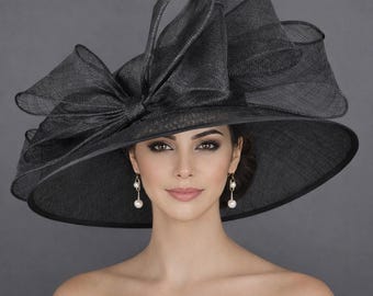 Black Sinamay Derby Hat: Wide Brim Party Hat with Jumbo Bow