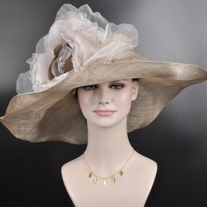 Taupe Jumbo Silk Flower, Kentucky Derby hat, Church hat, Wedding hat, Tea Party hat , Floppy Wide Brim Sinamay Dress Hat