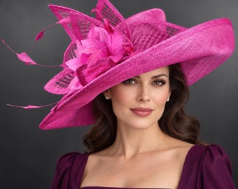 Wide Brim Sinamay Hat Kentucky Derby Hat, Black Red Feather Flower,  Oaks Day,  Royal Ascot, Wedding Guest, Church, Tea Party Fuchsia Pink