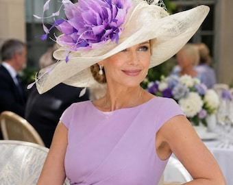 Ivory Off White  Mix Purple Wide Brim Kentucky Derby Hat, Ascot Hat for Wedding & Tea Party, Garden Party Hat, Mother of the Bride, Church