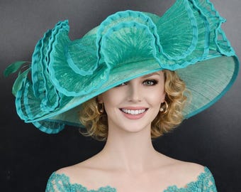Wide Brim Kentucky Derby Hat, Ascot Hat for Wedding & Tea Party, Garden Party Hat, Mother of the Bride, Church Turquoise Green