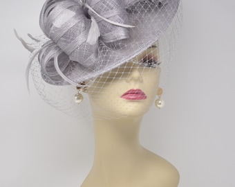 Sinamay Disc Fascinator Hat with Feathers and Netting  Gray  Lovely Sophisticated For derby Race Church Dress Cocktail