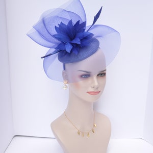 Kentucky Derby Wedding Feather Floral Organza w Sinamay Headband Fascinator Hat Cocktail Royal Blue