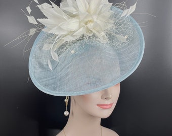 Powder Blue w Ivory Sinamay Disc Fascinator Hat with  Jumbo Goose Feather Flower and Silk Flower