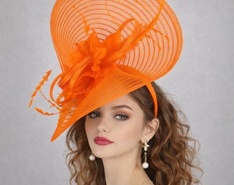 Sinamay & Crin Fascinator Hat for Kentucky Derby, Ascot Royal Headpiece, Mother of the Bride, Tea Garden Party, Wedding Hat Orange