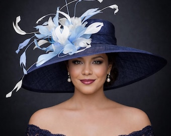 Kapelusz Kentucky Derby z szerokim rondem, kapelusz Ascot na wesele i przyjęcie herbaciane, kapelusz na przyjęcie ogrodowe, kapelusz dla matki panny młodej, kapelusz kościelny w kolorze granatowo-białym i jasnoniebieskim