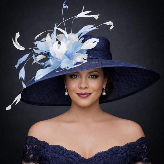 Navy Blue Derby Hat | Elegant Wide Brim Fascinator | Kentucky Derby | Wedding M22020F2 ( Navy White Hat) Kentucky Derby Hat, Wedding Hat  main image 3