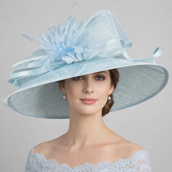 Elegant Blue and White Race Day Hat, Sinamay Royal Blue Teal Blue White Wide Brim Sinamay Hat for  main image 4