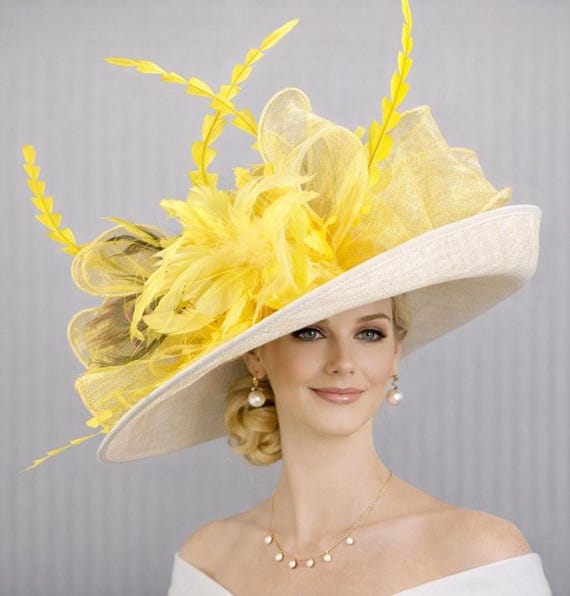 White Yellow Feather Wide Brim Sinamay Derby Hat, Feather 