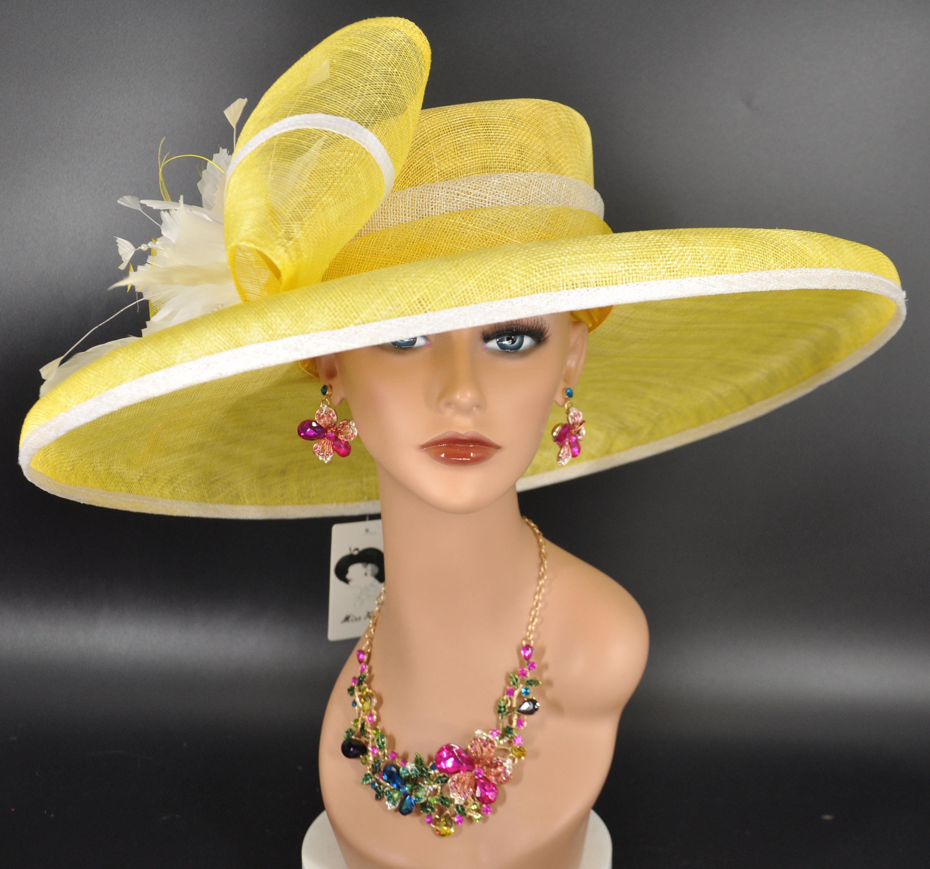 Oaks Day Hat Yellow with White Feather Colors Hat, Kentucky Derby, Tea Party, Wedding, Church, Royal Ascot Headpiece Wide Brim Sinamay Hat