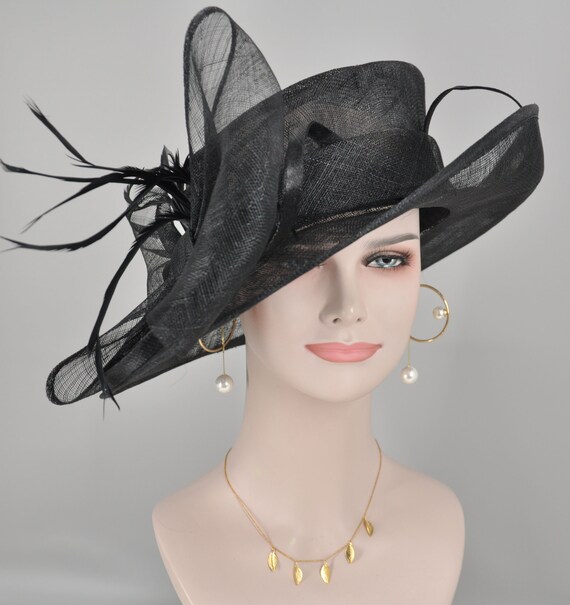 Vintage Millinery Design Studio Black Derby Wide Brim Hat Wide Brim Derby Hat Wedding Hat Black and White Hat Audrey  main image 3