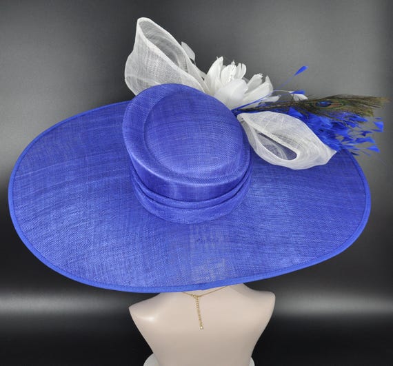 Estate Royal Blue Kentucky Derby Wide Brim Hat Mesh Floral Feather Wide Brim Sinamay Kentucky Derby Hat, Royal Blue Feather  main image 4