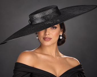 Chapeau bibi à larges bords pour le Kentucky Derby, chapeau Ascot pour mariage et goûter, chapeau de garden-party, chapeau pour la mère de la mariée, noir pour l'église