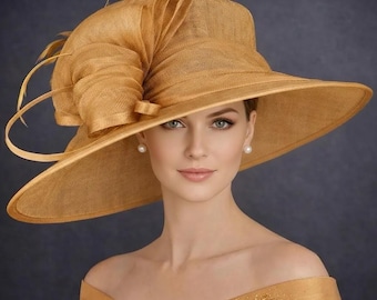 Metal Gold Three Layer Wide Brim Sinamay Hat Kentucky Derby Hat  Wedding Church Tea Party Garden Party Ascort Royal Party Hat