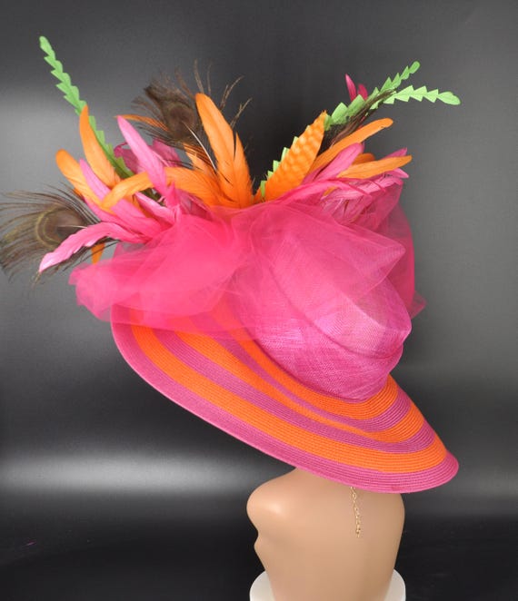 Derby Hat: Hot Pink, Orange, Peacock Feather Sinamay Hat - Etsy display picture 2