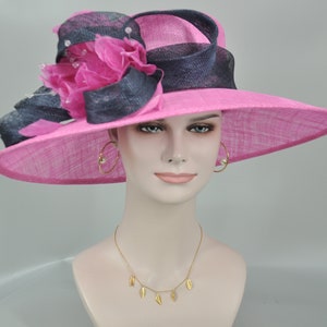 SM21007 Church Kentucky Derby Hat Carriage Tea Party Wedding Wide Brim  Royal Ascot Hat in Solid Sinamay Hat  Hot Pink W Navy Blue