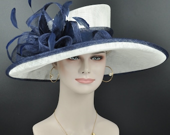 Church  Kentucky Derby Hat Carriage Tea Party Wedding Wide Brim Woman’s Royal Ascot Hat in Solid Sinamay Hat  White w Navy Blue