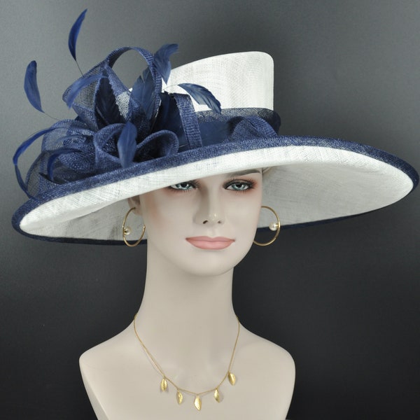 Church  Kentucky Derby Hat Carriage Tea Party Wedding Wide Brim Woman’s Royal Ascot Hat in Solid Sinamay Hat  White w Navy Blue