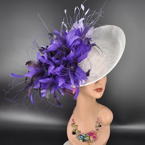 White w Lilac/Lavender Purple Feather Flowers Fascinator Hat Kentucky Derby Hat Tea Wedding Party Hat with Jumbo  Feather Flowers