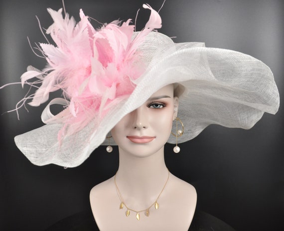 White Pink Feather Wide Brim Kentucky Derby Hat,ascot Hat 