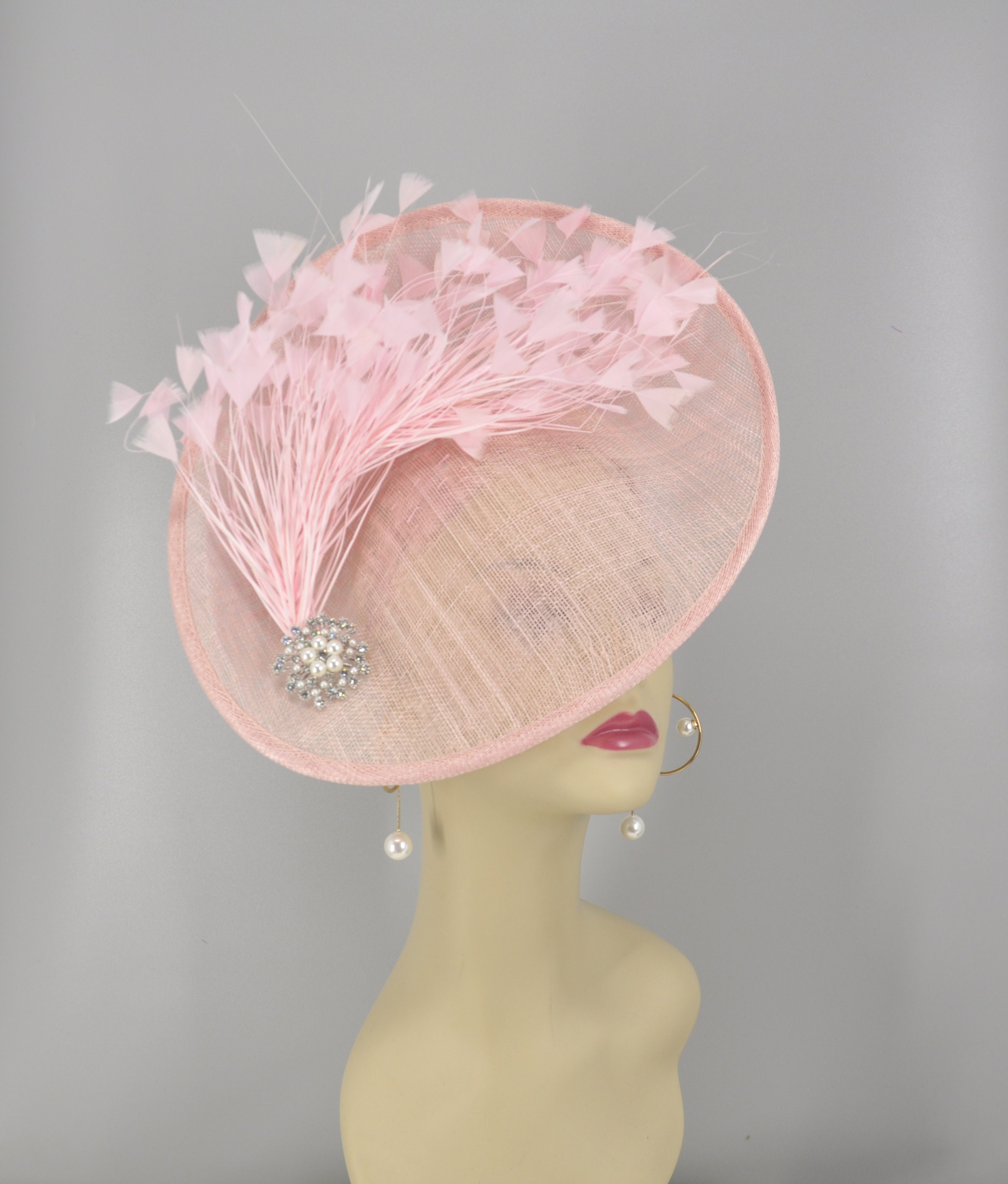 Blush Pink Sinamay Fascinator Hat Black Trim Feather Detail Wedding Derby Clip Dusky Pink Sinamay and Feather Wedding Fascinator main image 3