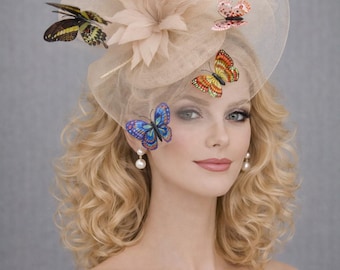 Statement Sinamay Fascinator hat w Butterfly Detail, Kentucky Derby Hat, Ascot Race Hat,Wedding Guest, Garden Party Headpiece Champagne