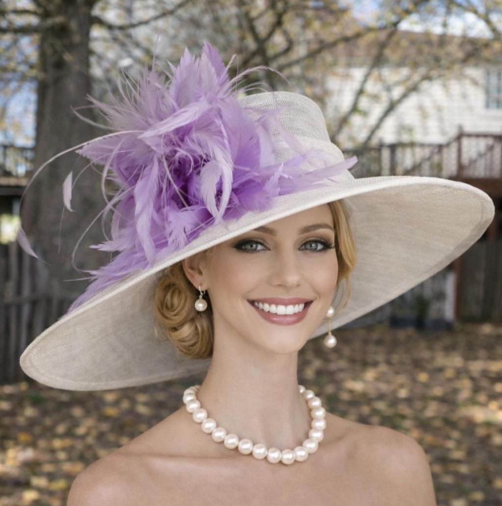 White Lavender Feathers Wide Brim Kentucky Derby Hat,ascot  display picture 3