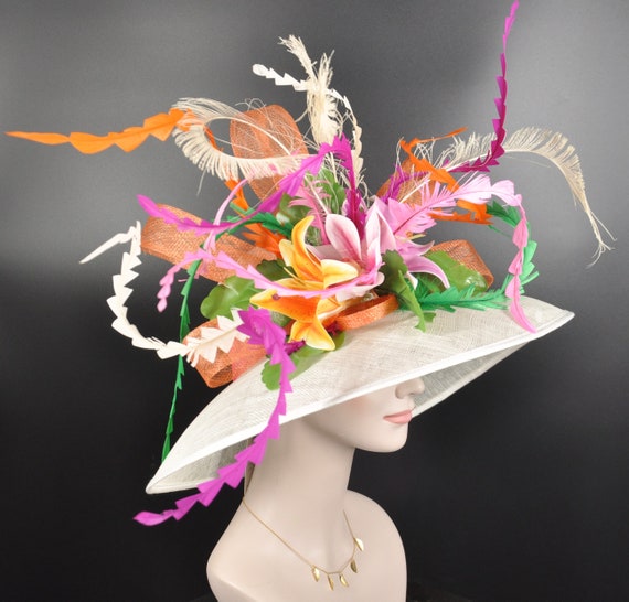 Kentucky Derby Hat Wide Brim KY Oaks Bow Floral Pink Orange Sinamay Lightweight Accessories | Kentucky Derby Hat Wide Brim Ky Oaks Bow  main image 2