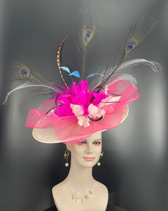 New Colorful Fascinator Hat with feathers Feather Fascinator Hat: Orange Sinamay Derbytea Party Hat - Etsy main image 2