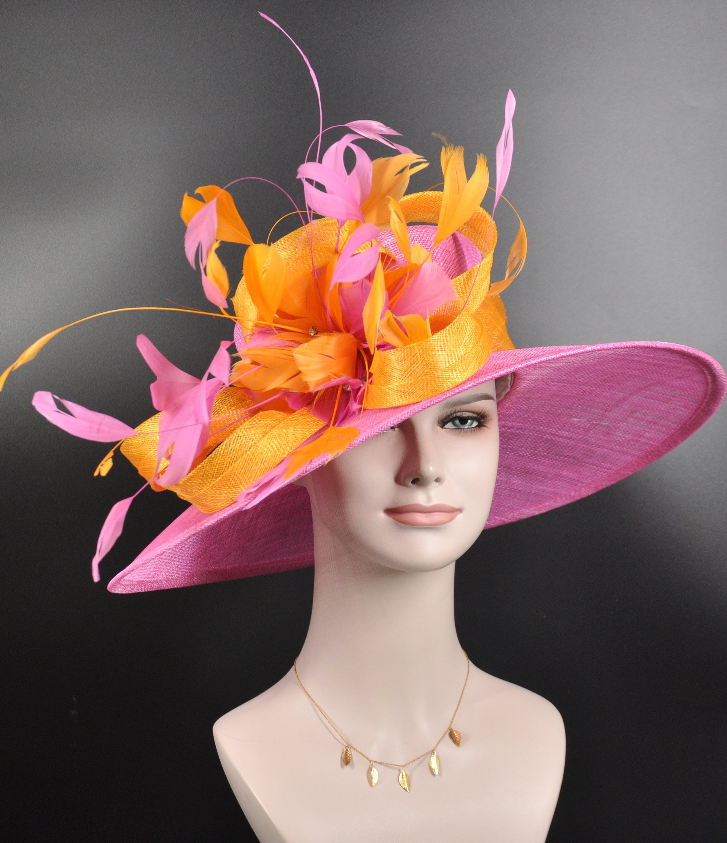 Pink Sinamay Kentucky Derby Hat, Orange & Green Feather  display picture 3