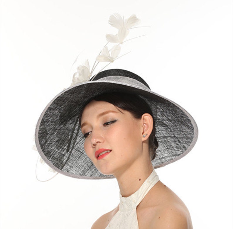 Black with White 3 Layers Kentucky Derby Hat, Church Hat, Wedding Hat, Easter Hat, Tea Party Hat zdjęcie 4