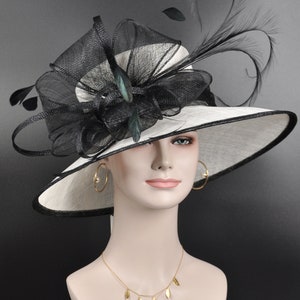 White w Black Wide Brim Sinamay Hat, Kentucky Derby Hat, Church hat, Tea Party Hat, Custom hat, Formal Hat, Fashion Hat
