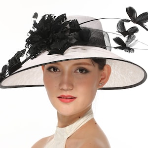 White with Black Kentucky Derby Hat, Church Hat, Wedding Hat, Easter Hat, Tea Party Hat Wide Brim   Sinamay Hat