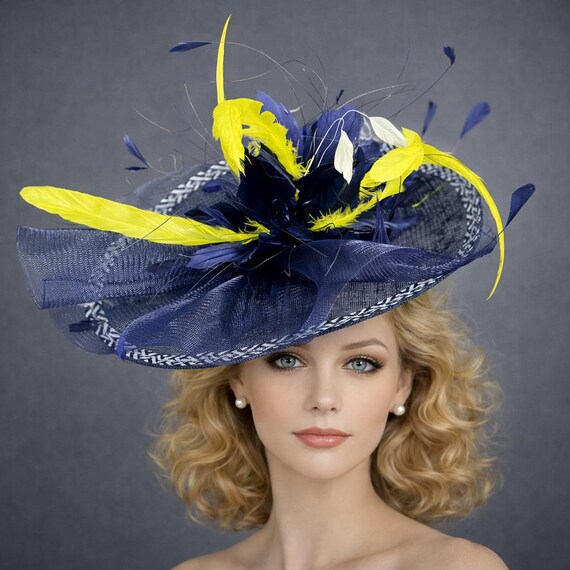 Navy & Yellow Feathered Fascinator Hat Kentucky Derby Hat  display picture 2