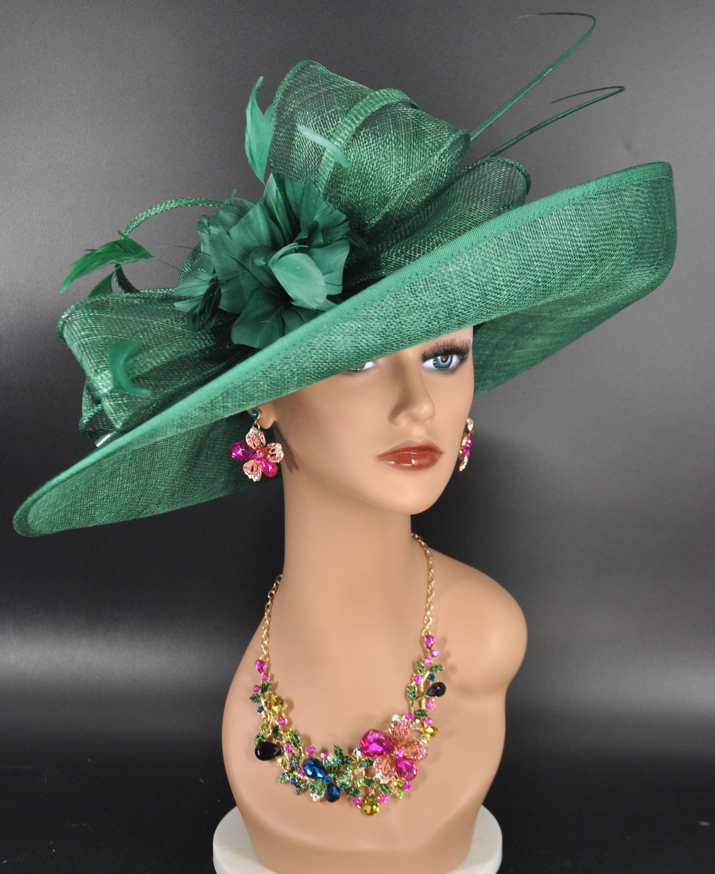 Elegant Emerald Wide-Brim Feathered Women\'s Hat Emerald Green Church Hat - Etsy main image 3