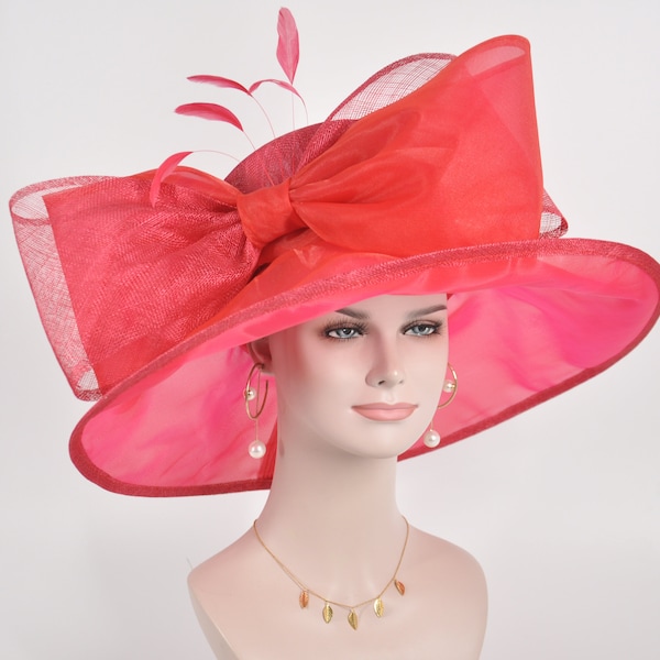 Red  Kentucky Derby Hat, Church Hat, Wedding Hat, Easter Hat, Tea Party Hat Wide Brim Royal Ascot Horse Race Oaks day hat