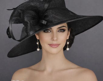 Black Three Layer Wide Brim Sinamay Hat Kentucky Derby Hat Wedding Church Tea Party Garden Carriage Party Ascort Royal Party Hat