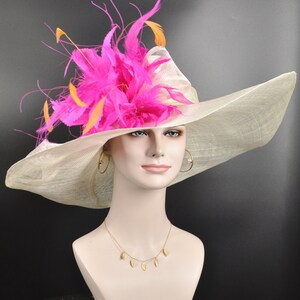 off White/ Ivory w Fuchsia Pink Orange Feather Flower Kentucky Derby Hat, Church Hat, Wedding Hat, Easter Hat,  Wide Brim  Sinamay  Hat