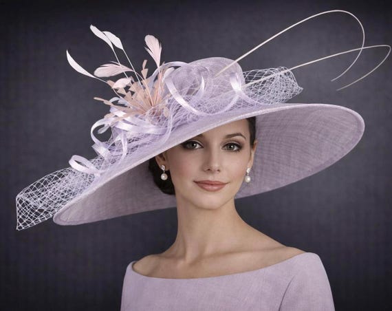 Lilac Feather Flower Wide Brim Sinamay Hat for Kentucky  display picture 3
