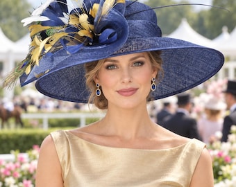 Kentucy Derby Hat Navy Blue Gold White Peacock Feathers and Pheasant Feathers Wide Brim Sinamay Hat Royal Ascot Hat, Race Day Hat, Wedding