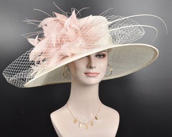 Wide Brim Sinamay Hat Church Kentucky Derby Hat Carriage Party Wedding Hat Royal Ascot Horse Race Oaks day hatOff White/Ivory w Blush Pink