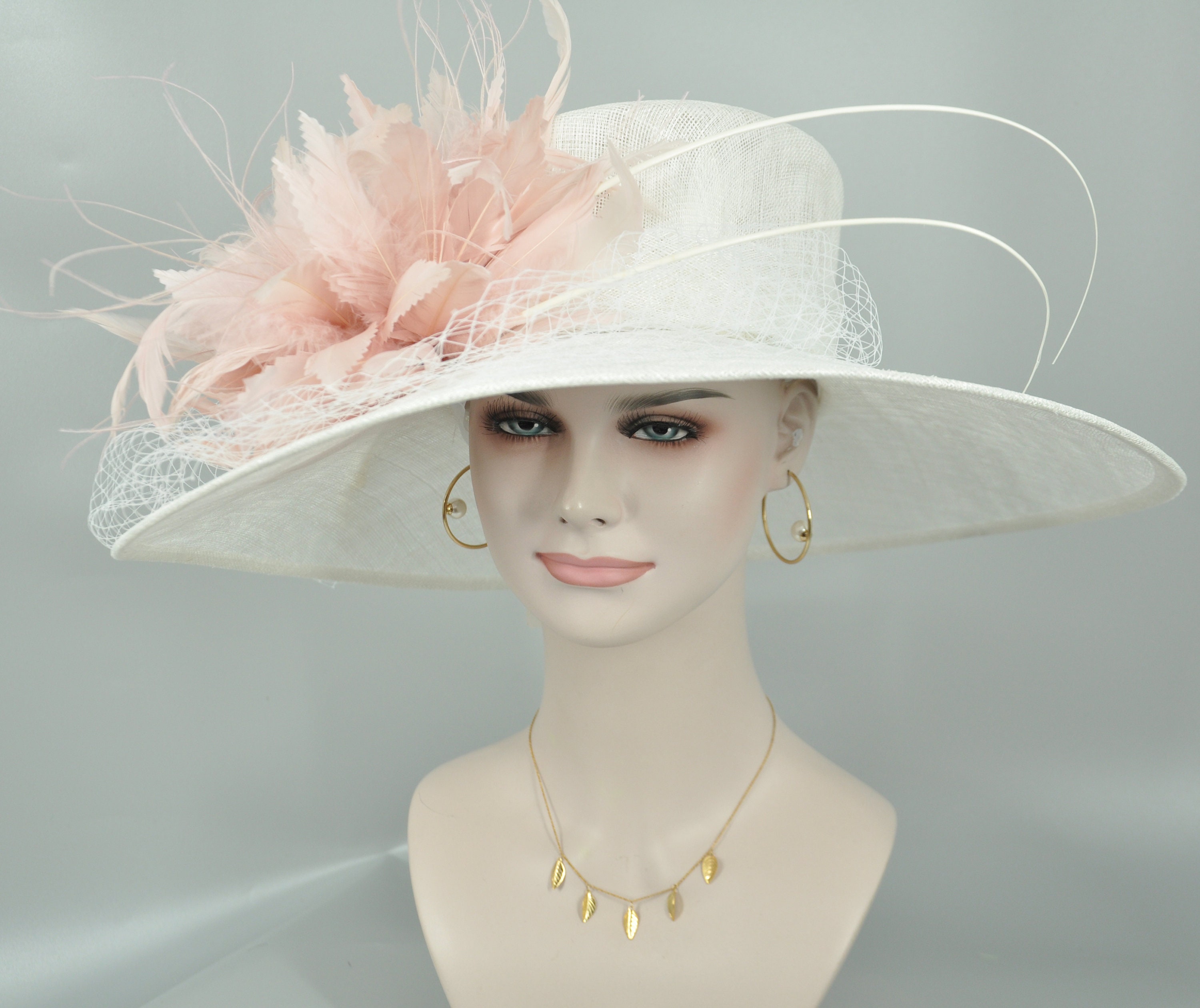 White Blush Pink Feather Flower Wide Brim Kentucky Derby Hat  display picture 1