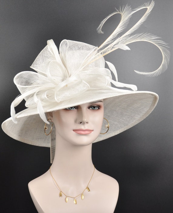 White Wide Brim Sinamay Hat, Kentucky Derby, Feather  display picture 2