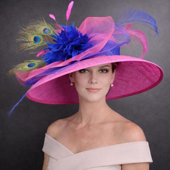 Royal Blue Wide-Brim Hat with Light Blue Flower and Pink Feather Accents White & Light Blue Feather Derby Hat: Wide Brim Sinamay - Etsy main image 2