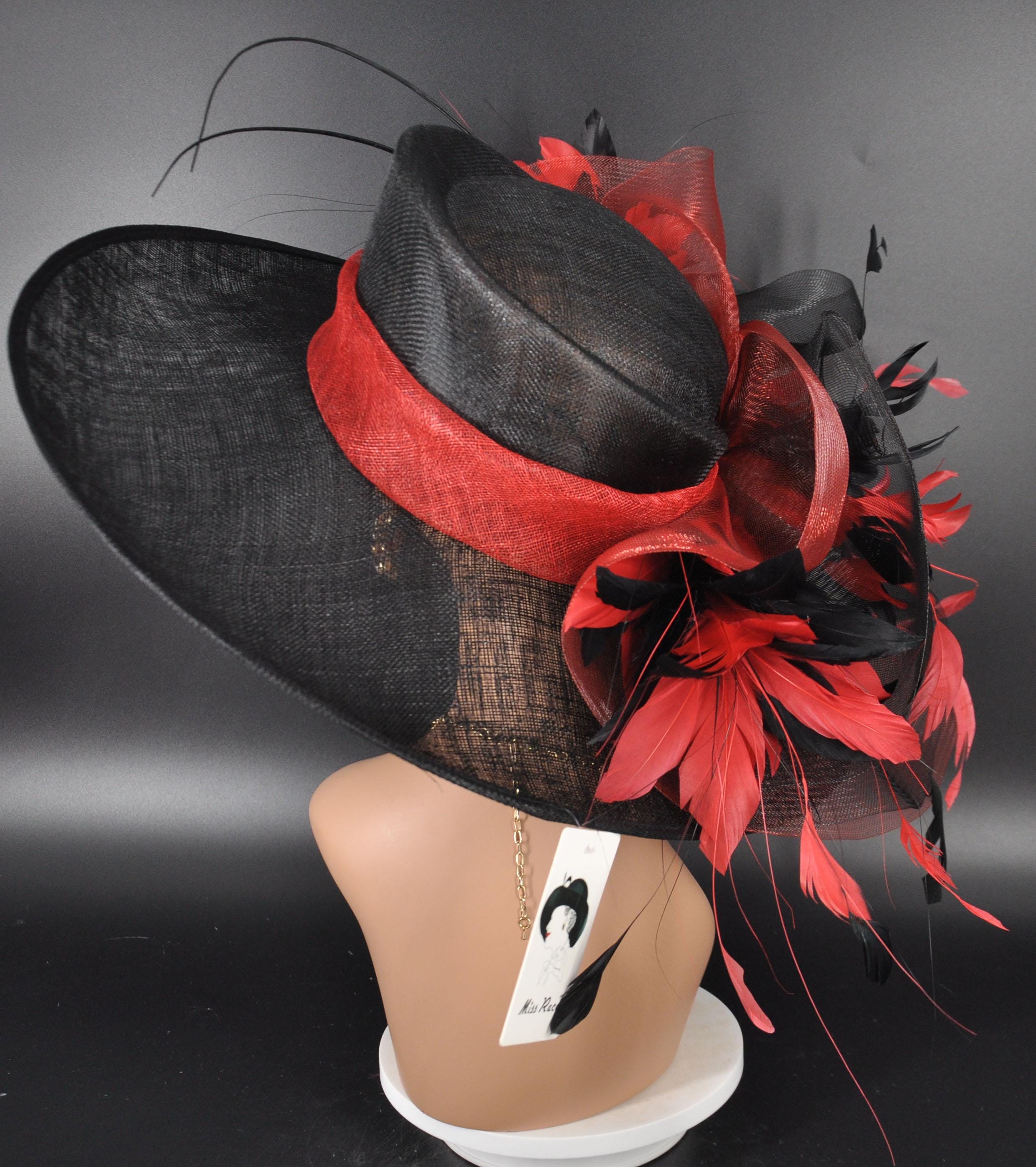 Black Red Feather Flowers Wide Brim Kentucky Derby Hat  display picture 2