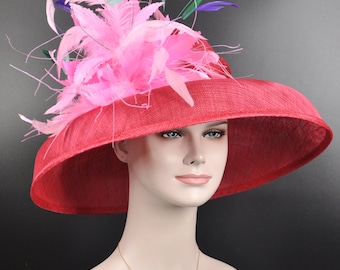 Audrey Hepburn Style Dome Hat Kentucky Derby Hat Tea Party Carriage Party Wide Brim Sinamay Hat Red Lily Pink Purple Turquoise Kelly Green