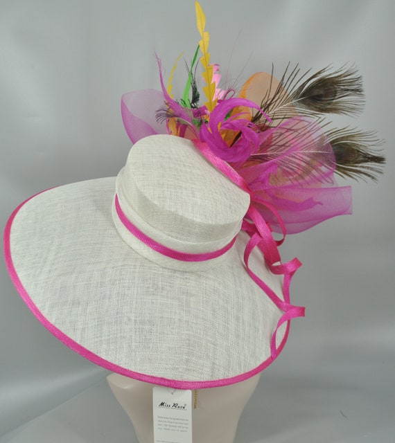 Wide Brim Derby Hat: Fuchsia, Orange, Peacock Feather Flower  display picture 1